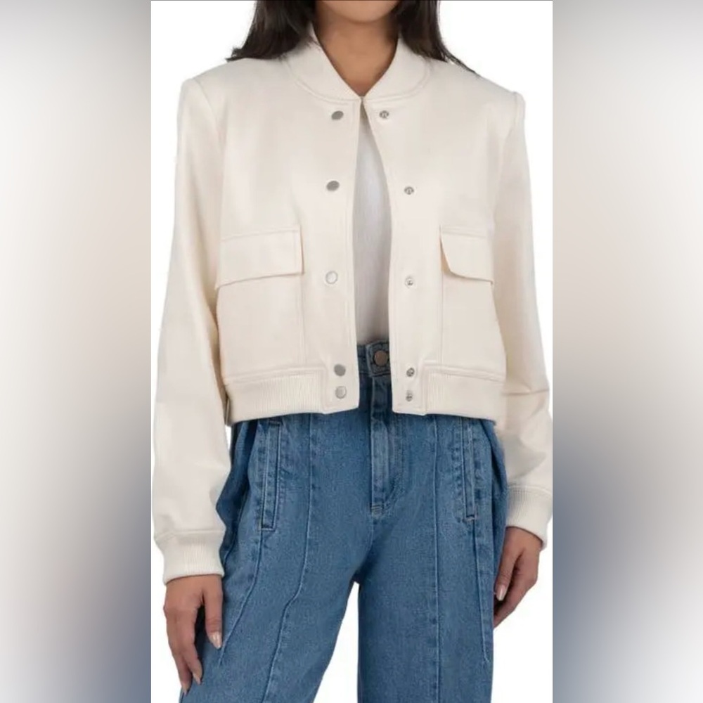 KUT FROM THE KLOTH Camilla Crop Twill Bomber Jacket in Cream Size Small